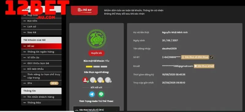 bảo mật tài khoản 12BET của mình