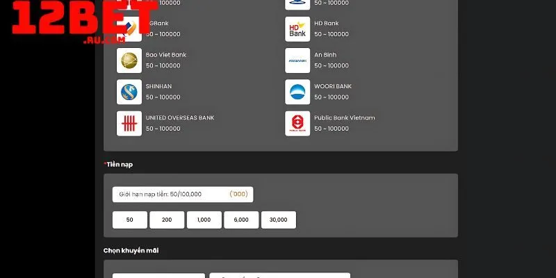 Nhà cái 12BET liên kết với nhiều ngân hàng 